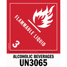 Red hazard warning sign for flammable alcoholic beverages with UN3065 code and flame symbol.