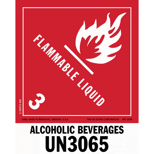 Red hazard warning sign for flammable alcoholic beverages with UN3065 code and flame symbol.