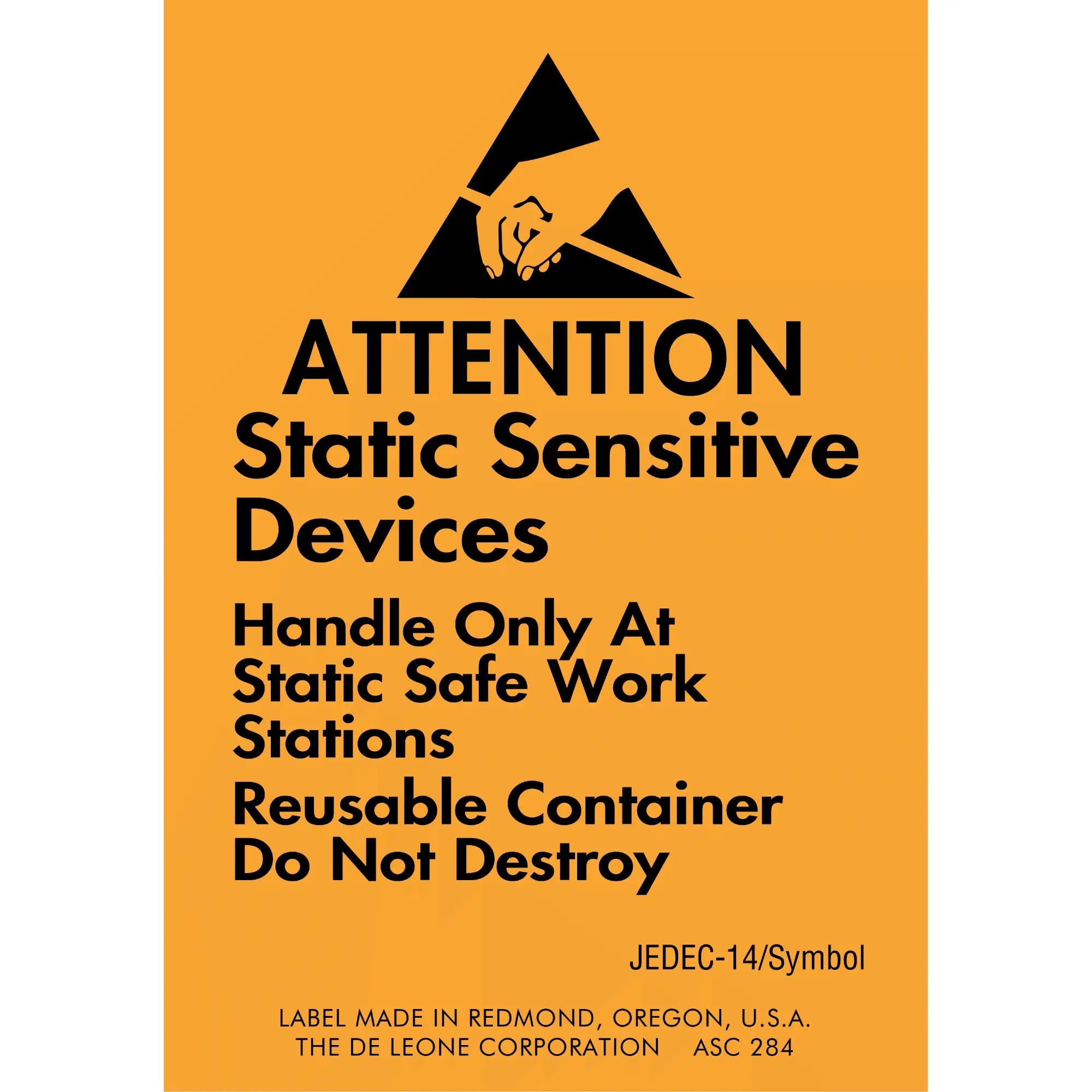 Warning label for static-sensitive electronic devices with black text on an orange background.