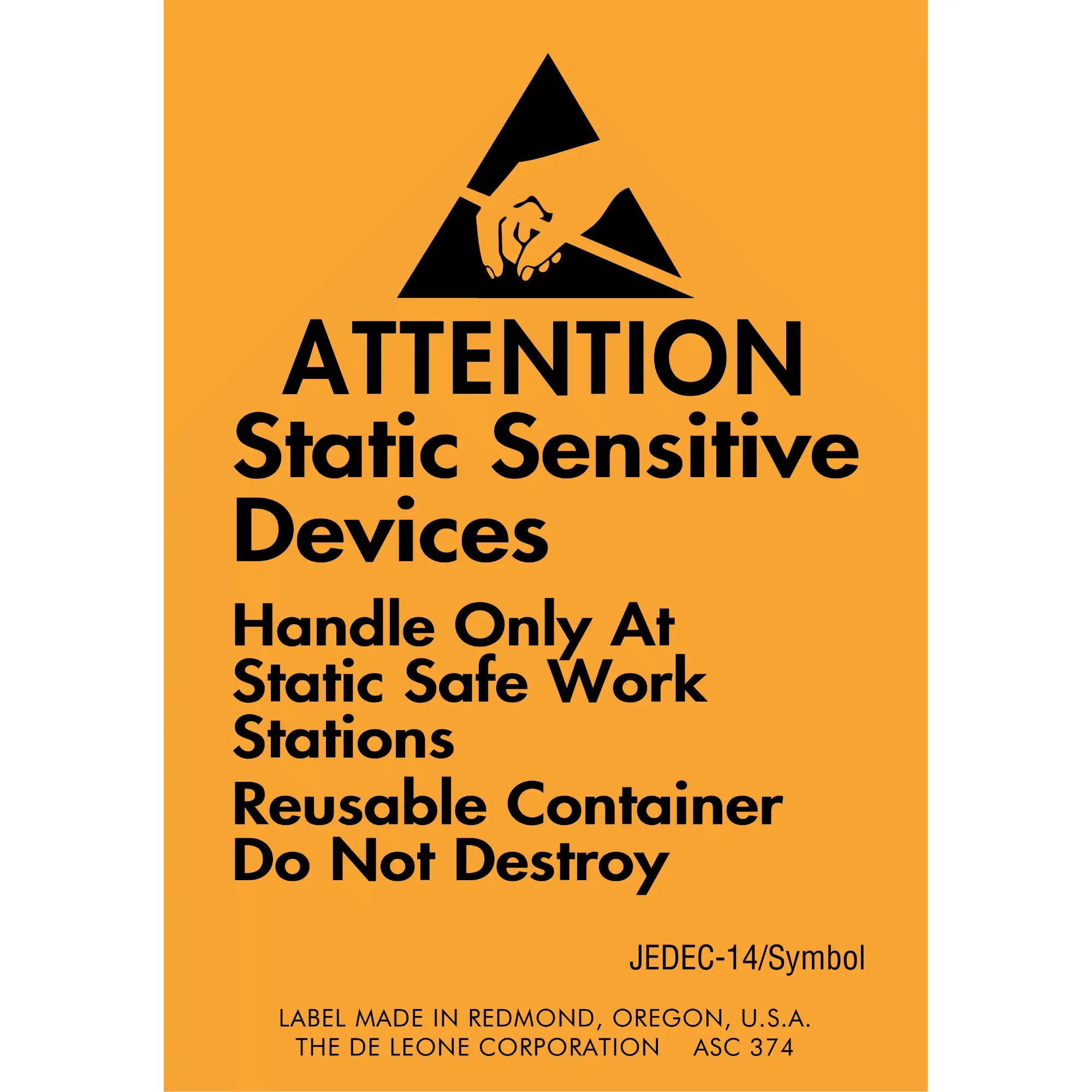 Warning label for static-sensitive electronic devices with black text on an orange background.