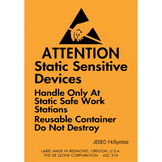 Warning label for static-sensitive electronic devices with black text on an orange background.