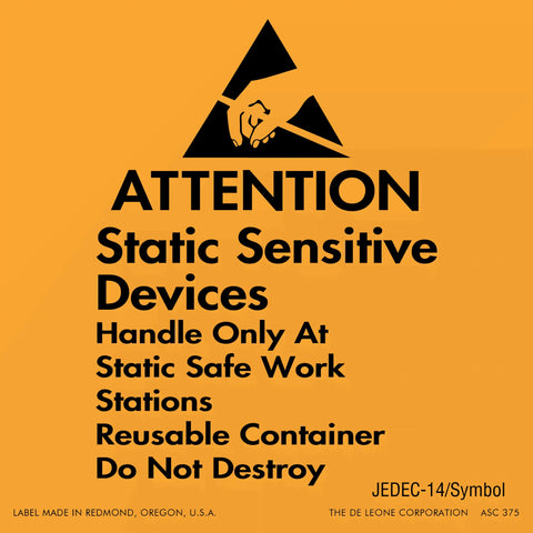 Warning label for static sensitive devices with black text on an orange background.