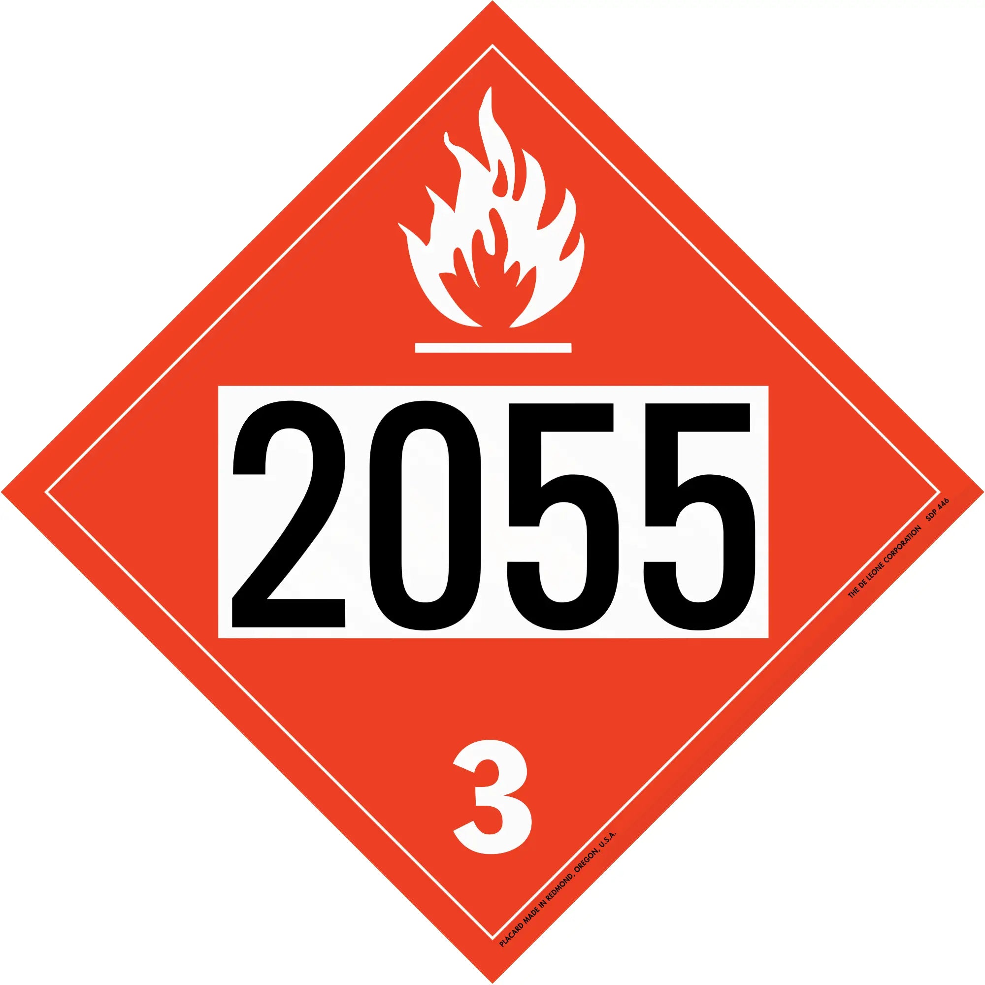 Red diamond-shaped hazard placard displaying ’2055’’ and class 3 flammable liquid symbol.