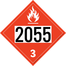 Red diamond-shaped hazard placard displaying ’2055’’ and class 3 flammable liquid symbol.