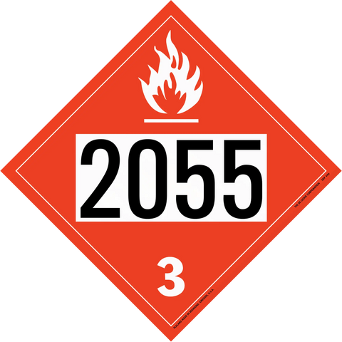 Red diamond-shaped hazard placard displaying ’2055’’ and class 3 flammable liquid symbol.