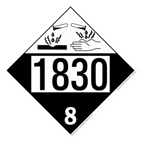 Hazardous materials placard with number 1830 and corrosive symbol showing hands being damaged.