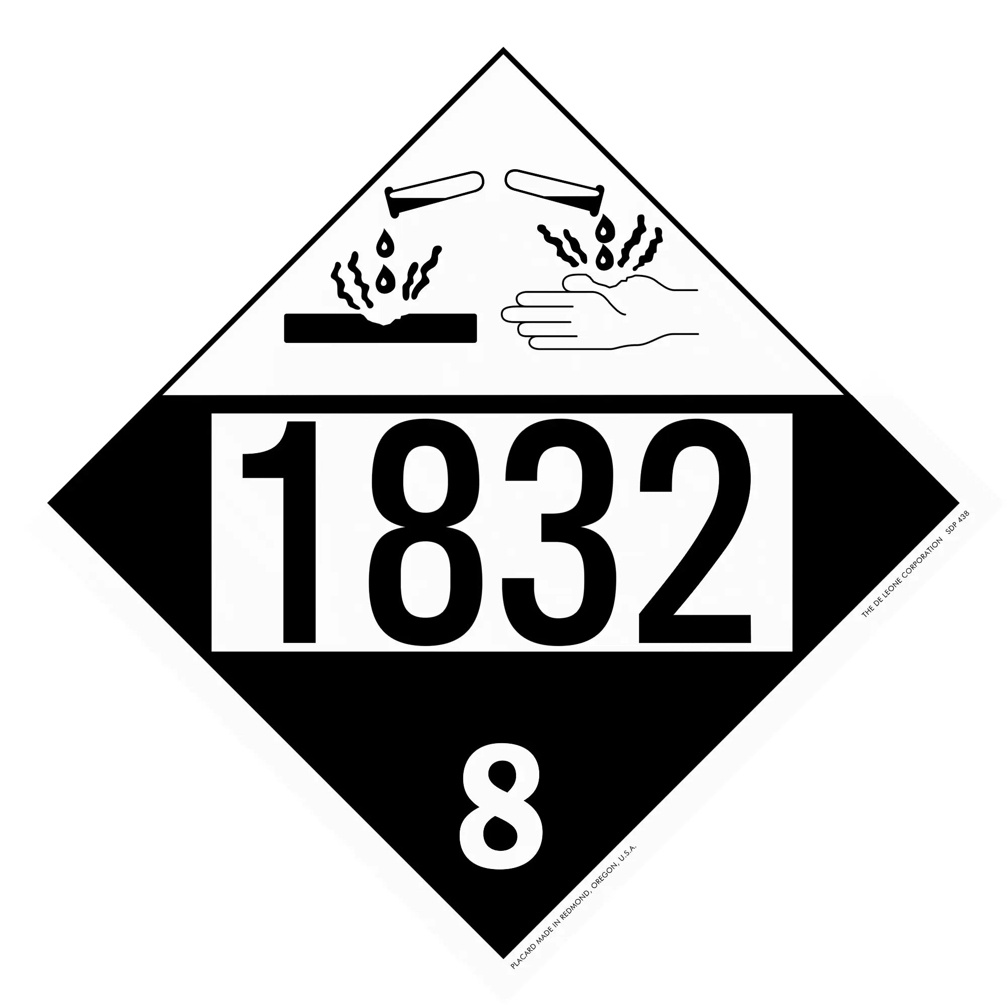 Hazardous materials placard with number 1832 and corrosive symbol showing dripping liquid onto surfaces.