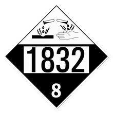Hazardous materials placard with number 1832 and corrosive symbol showing dripping liquid onto surfaces.