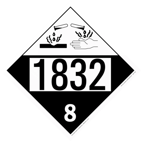 Hazardous materials placard with number 1832 and corrosive symbol showing dripping liquid onto surfaces.
