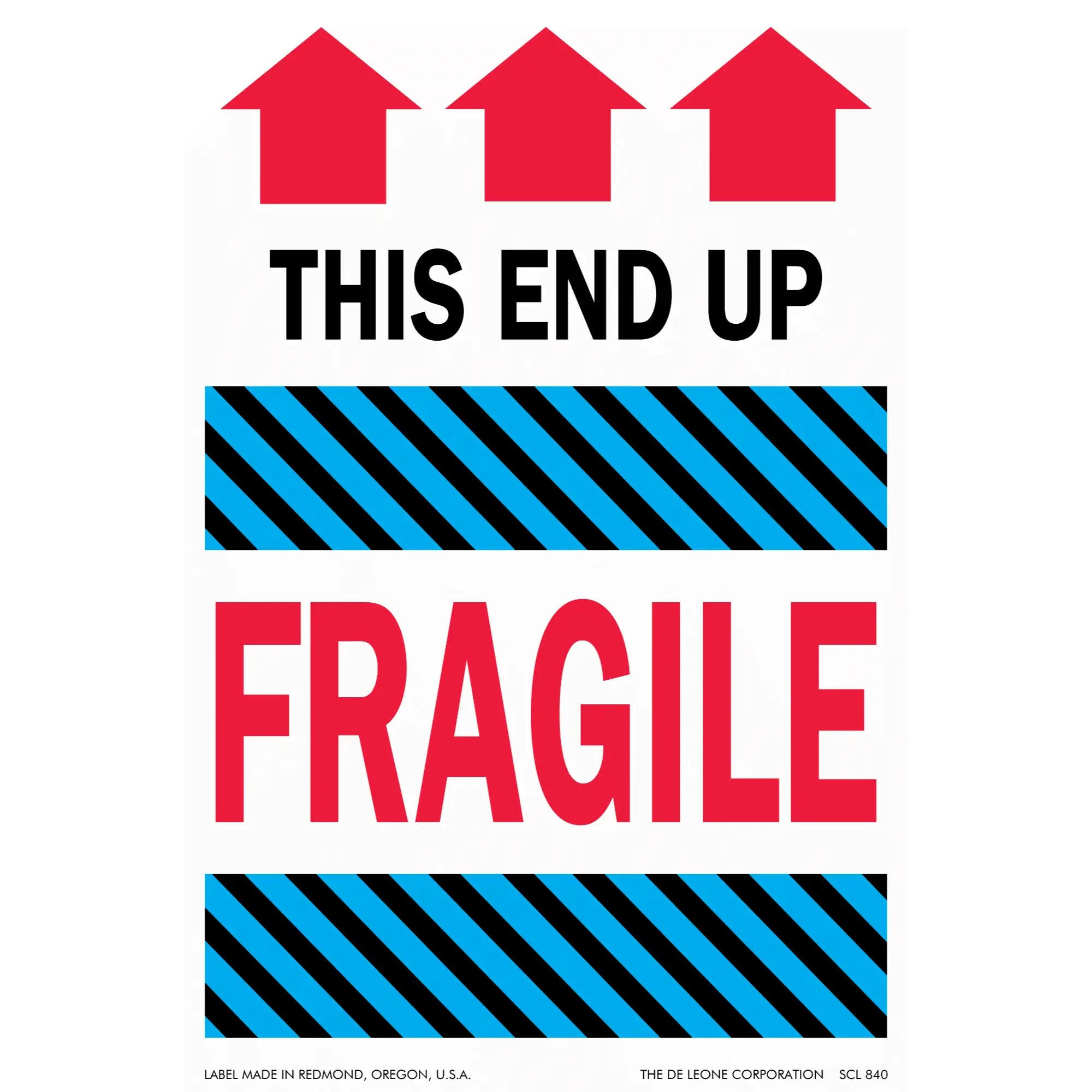 Shipping label with red arrows pointing upward and the text ’THIS END UP’ and ’FRAGILE’ separated by blue striped bands.