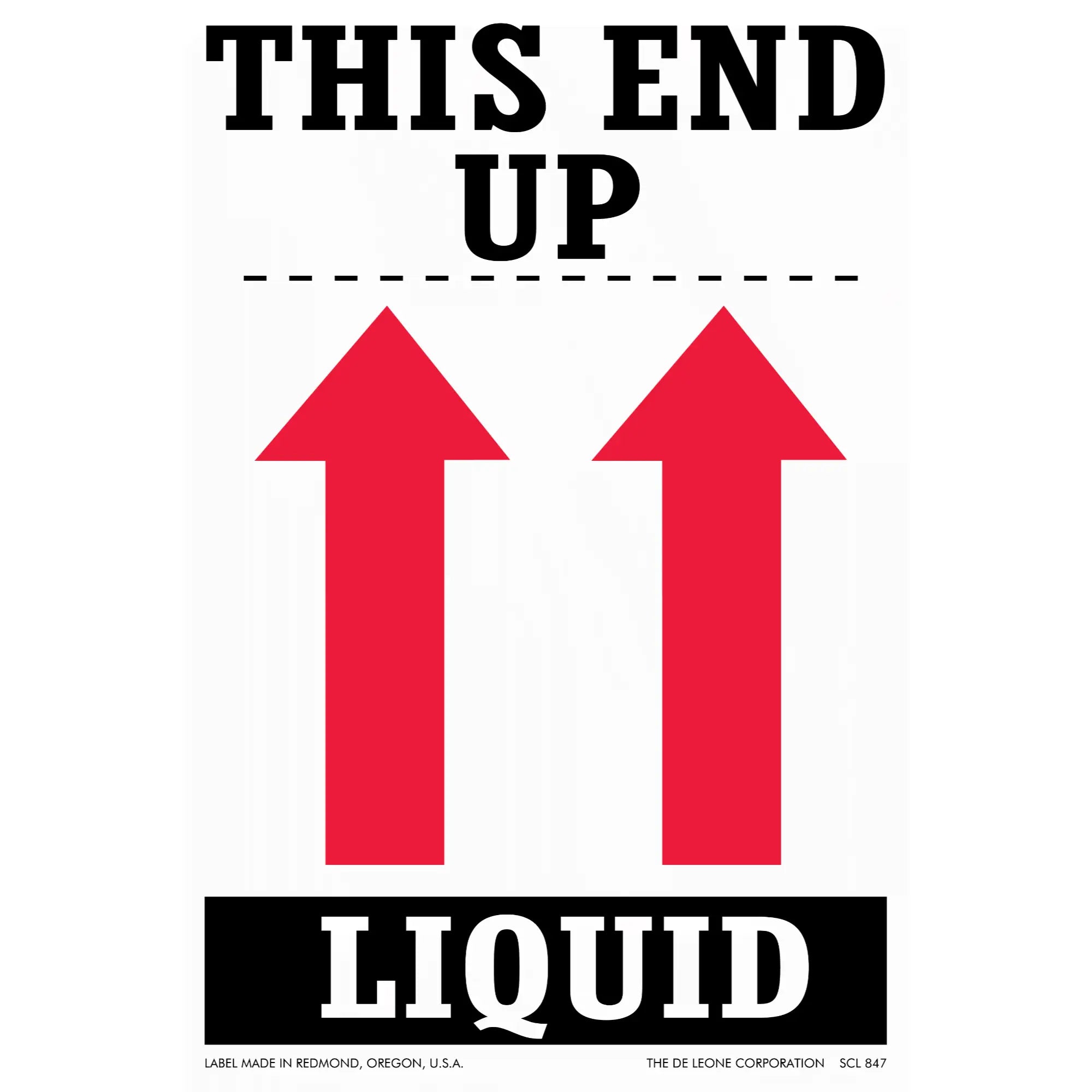 Warning label with ’THIS END UP’ text and red arrows pointing upward above the word ’LIQUID’