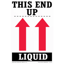 Warning label with ’THIS END UP’ text and red arrows pointing upward above the word ’LIQUID’