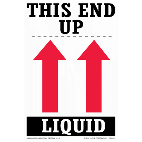 Warning label with ’THIS END UP’ text and red arrows pointing upward above the word ’LIQUID’