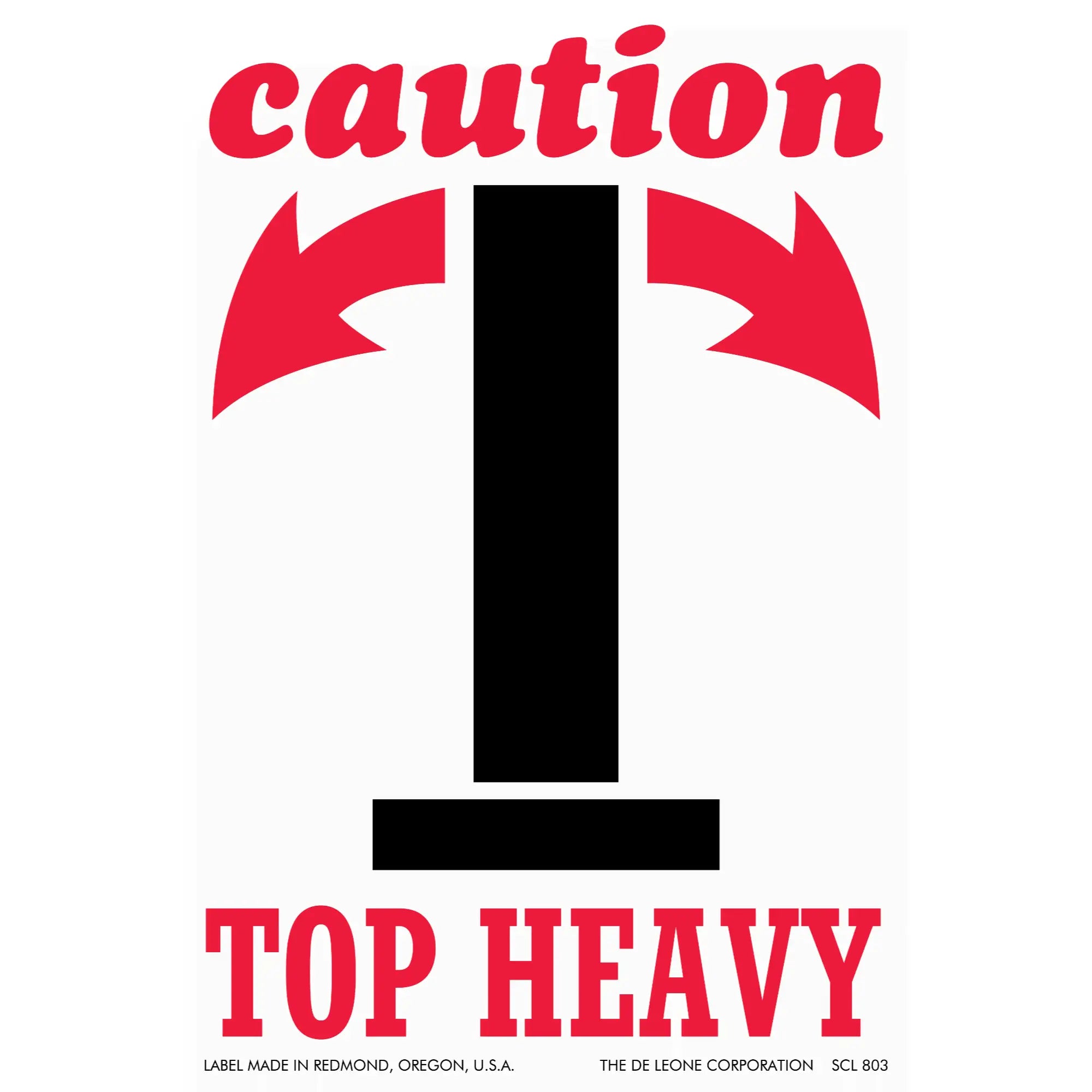 A black warning symbol with red ’caution’ text and arrows indicating ’top heavy’ hazard.