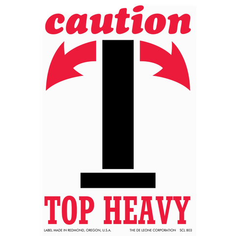 A black warning symbol with red ’caution’ text and arrows indicating ’top heavy’ hazard.