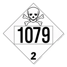 Diamond-shaped hazard placard displaying ’1079’’ with a skull and crossbones symbol and number 2.