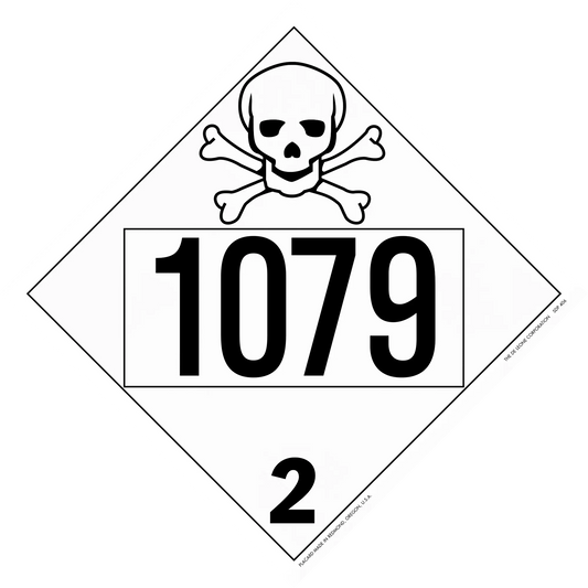 Diamond-shaped hazard placard displaying ’1079’’ with a skull and crossbones symbol and number 2.