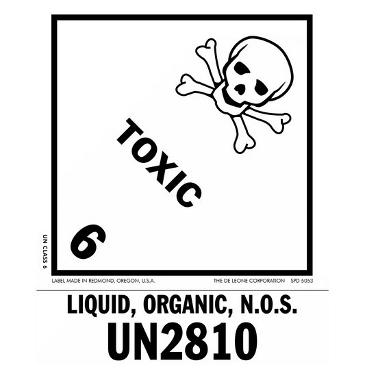 Warning label for toxic organic liquid with skull and crossbones symbol.