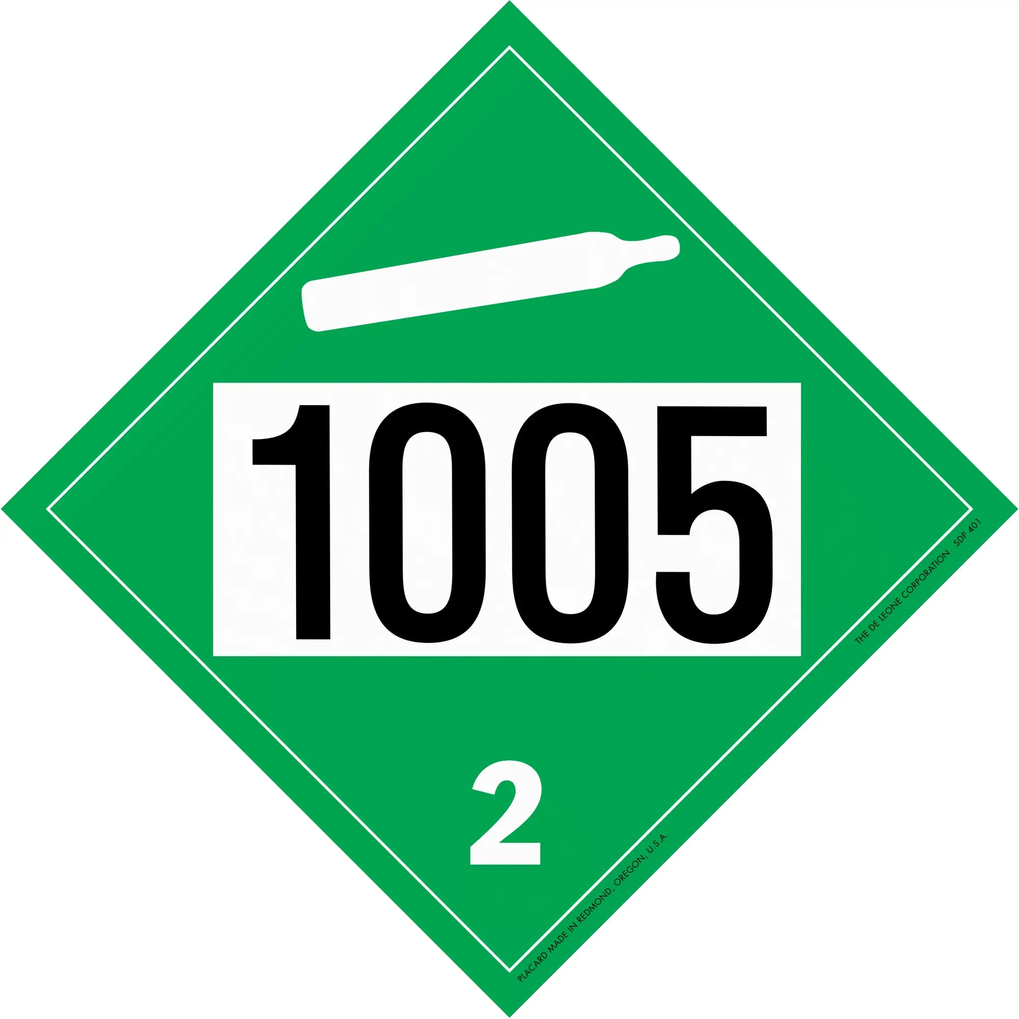 Green diamond-shaped hazard placard displaying ’1005’’ and ’2’’ with a cylinder symbol at the top.