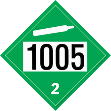 Green diamond-shaped hazard placard displaying ’1005’’ and ’2’’ with a cylinder symbol at the top.