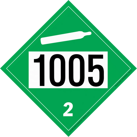 Green diamond-shaped hazard placard displaying ’1005’’ and ’2’’ with a cylinder symbol at the top.