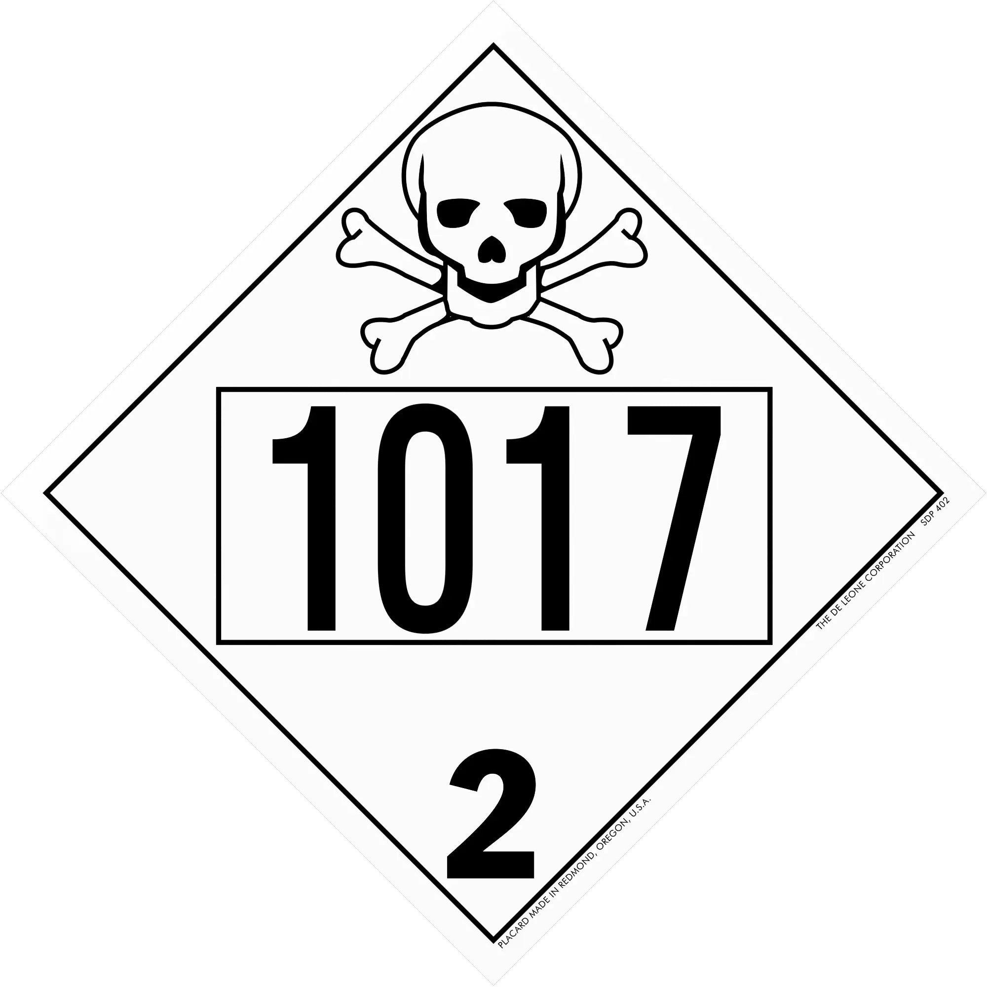 Diamond-shaped hazard placard displaying ’1017’’ with a skull and crossbones symbol and number ’2’’.