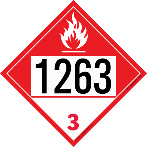 Red diamond-shaped hazardous material placard displaying ’1263’’ and flame symbol for Class 3 flammable liquids.