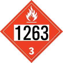 Red diamond-shaped hazardous material placard displaying ’1263’’ and ’3’’ with a flame symbol.