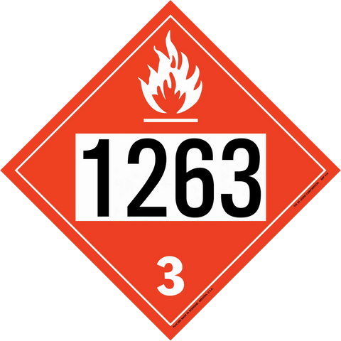 Red diamond-shaped hazardous material placard displaying ’1263’’ and ’3’’ with a flame symbol.