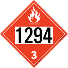 Red diamond-shaped hazardous material placard displaying ’1294’’ and a flame symbol with number ’3’’ classification.