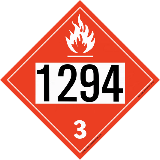 Red diamond-shaped hazardous material placard displaying ’1294’’ and a flame symbol with number ’3’’ classification.