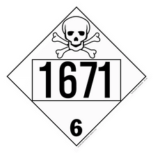 Hazardous material warning placard with skull and crossbones symbol displaying number 1671 and class 6.