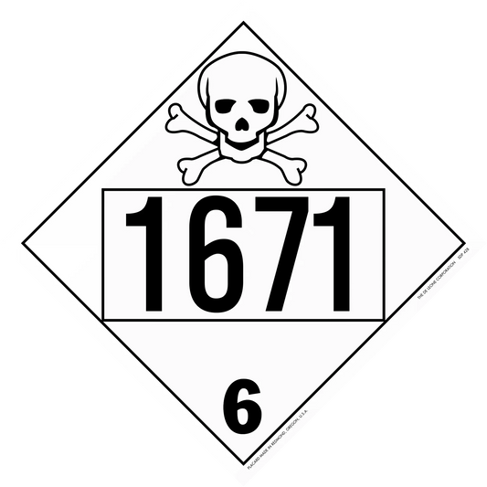 Hazardous material warning placard with skull and crossbones symbol displaying number 1671 and class 6.