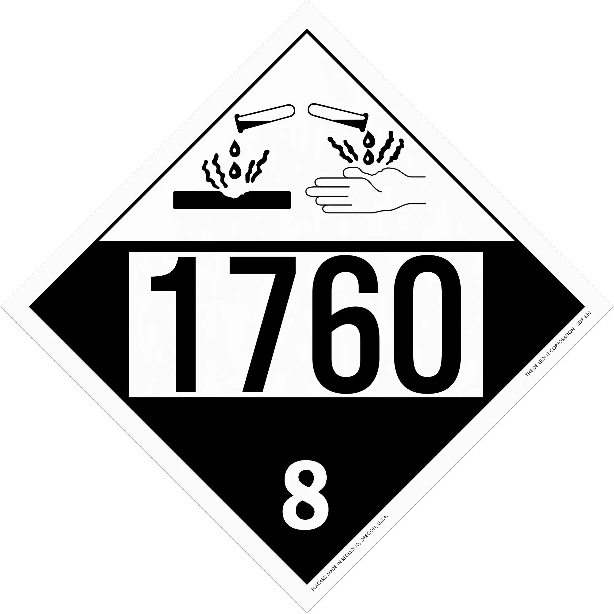 Hazardous material placard with number 1760 and corrosive symbol showing class 8 dangerous goods.