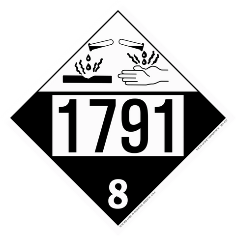 Black and white hazardous material placard displaying ’1791’’ with corrosive symbol and number 8.
