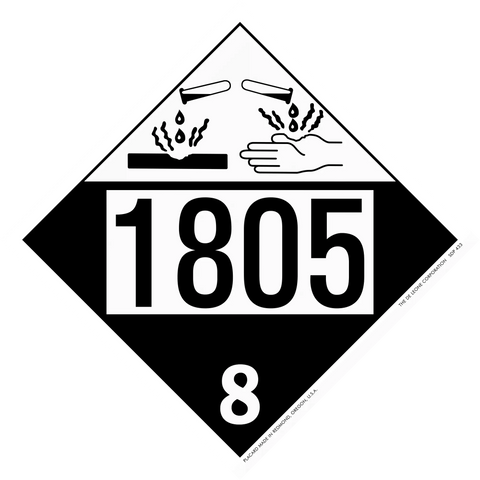 Hazardous materials placard with number 1805 and corrosive symbol showing hands being damaged.