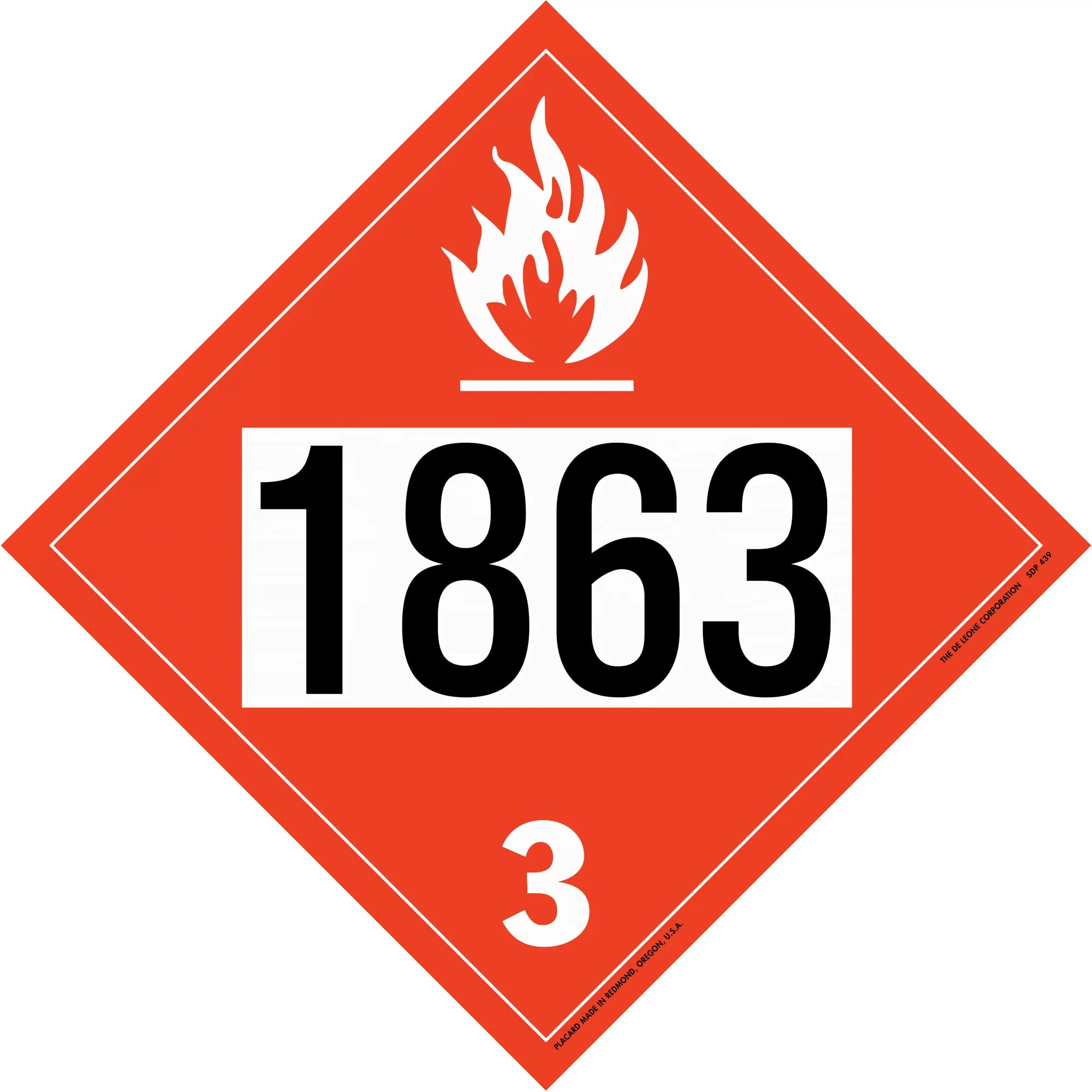 Red diamond-shaped hazardous material placard displaying ’1863’’ and ’3’’ with a flame symbol.