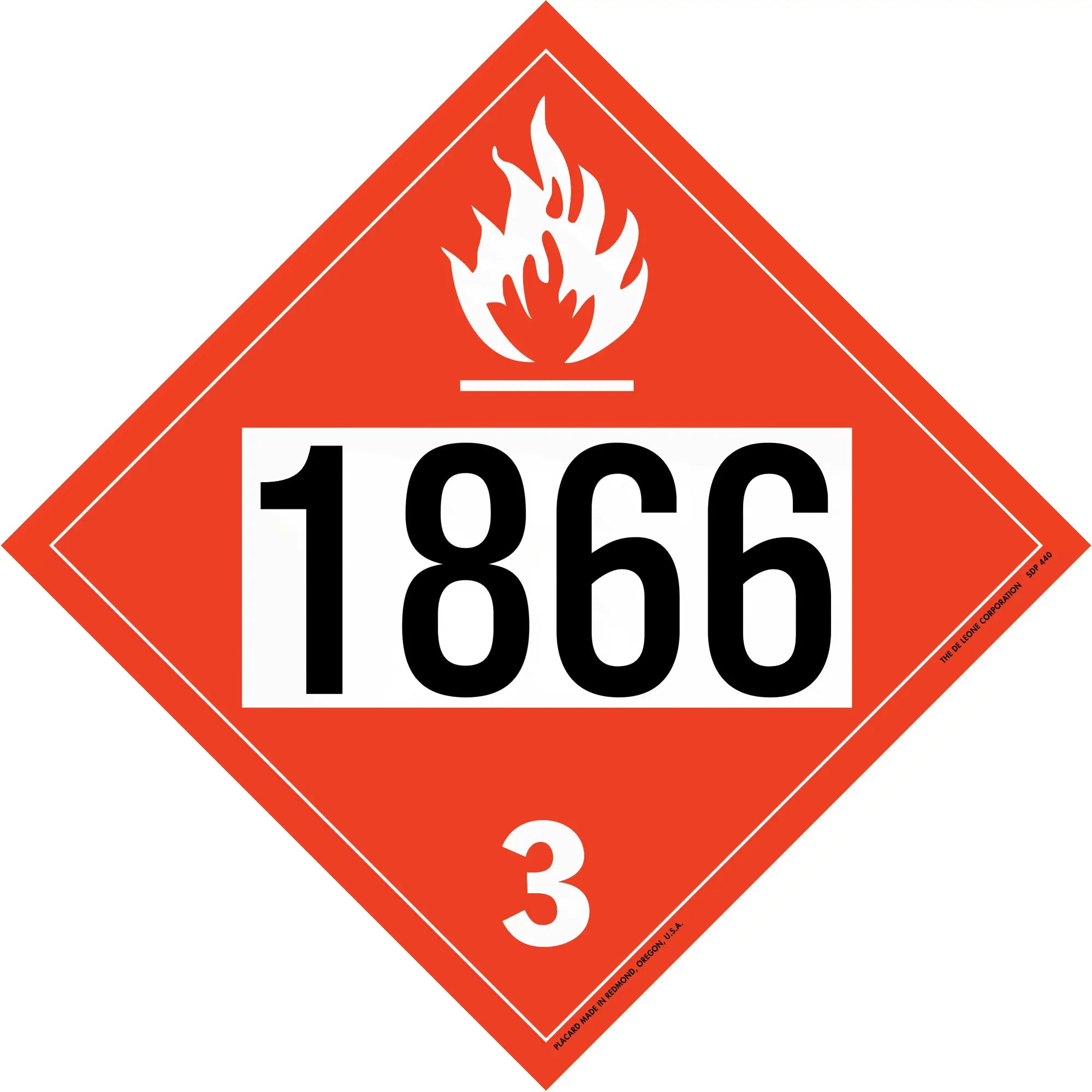Red diamond-shaped hazardous material placard displaying ’1866’’ and ’3’’ with a flame symbol.