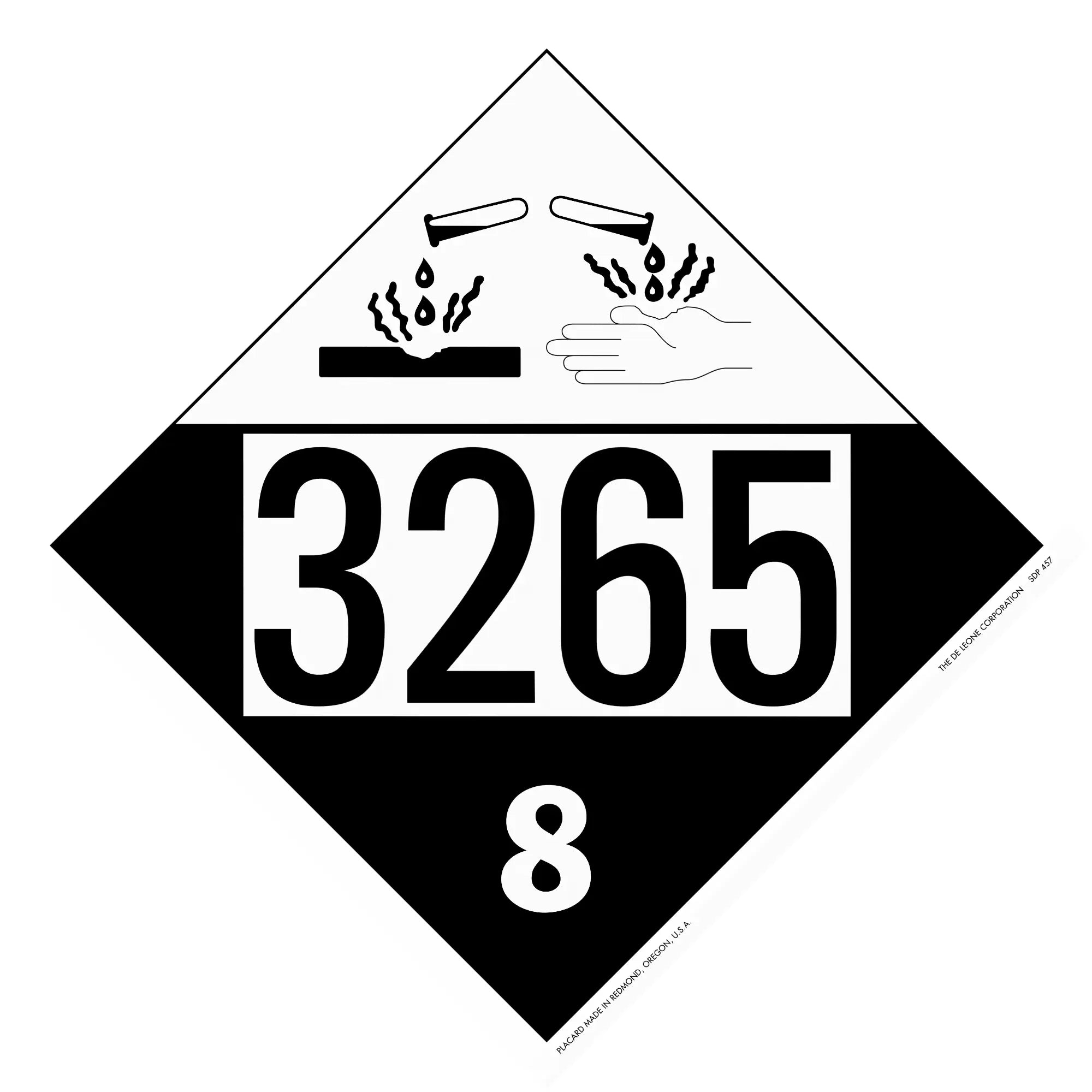 Black and white hazardous materials placard displaying ’3265’’ with corrosive symbol and number 8.