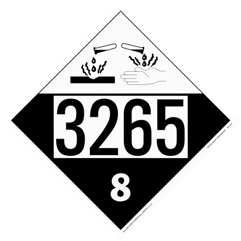 Black and white hazardous materials placard displaying ’3265’’ with corrosive symbol and number 8.