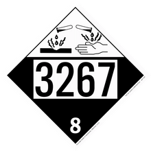 Hazardous materials placard with number 3267 and corrosive symbol showing hands being damaged.