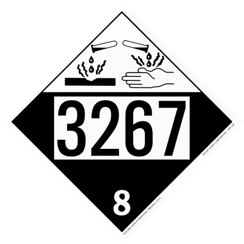 Hazardous materials placard with number 3267 and corrosive symbol showing hands being damaged.