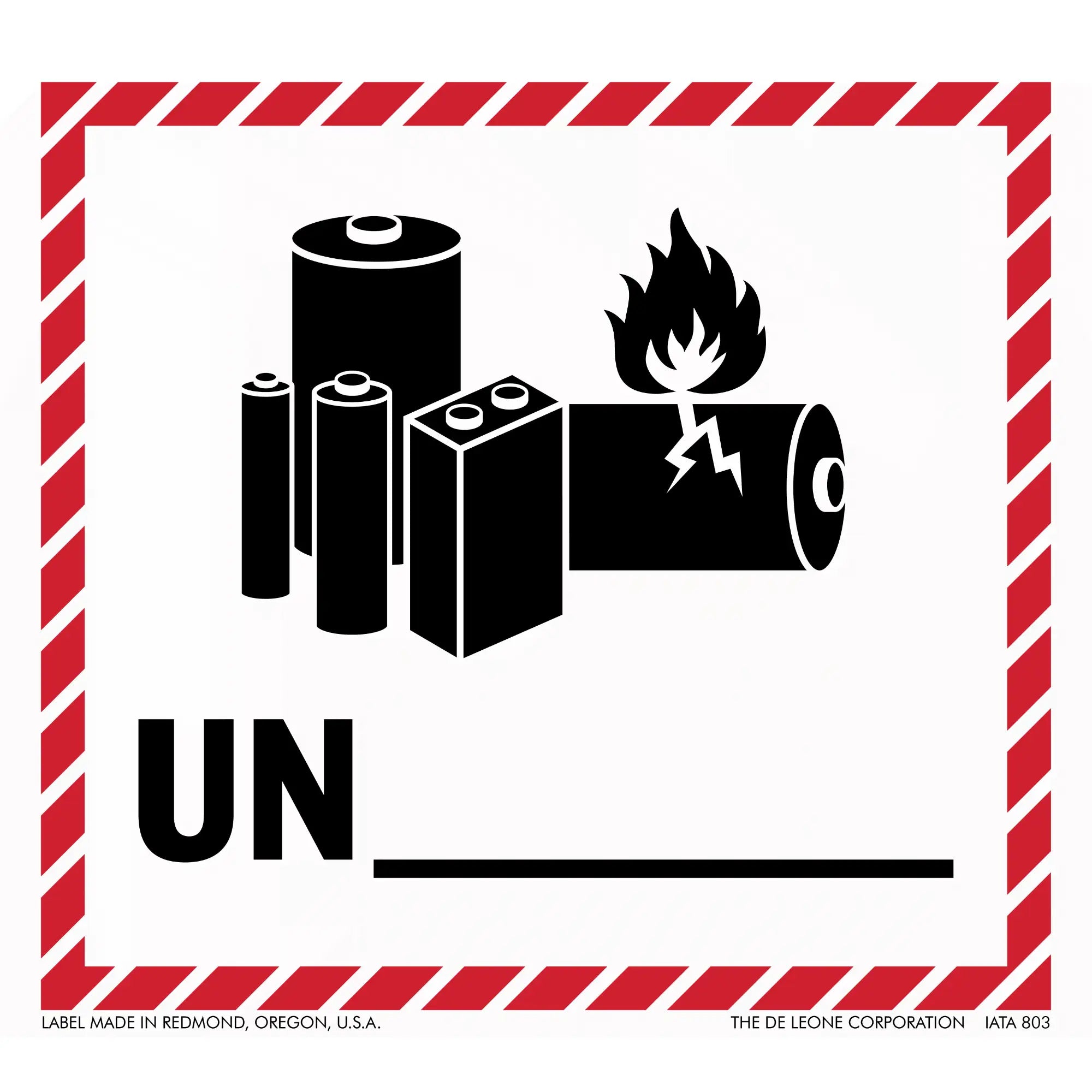 Warning label for batteries with hazard symbols showing flames and battery icons in a red-striped border.