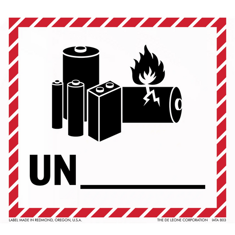 Warning label for batteries with hazard symbols showing flames and battery icons in a red-striped border.