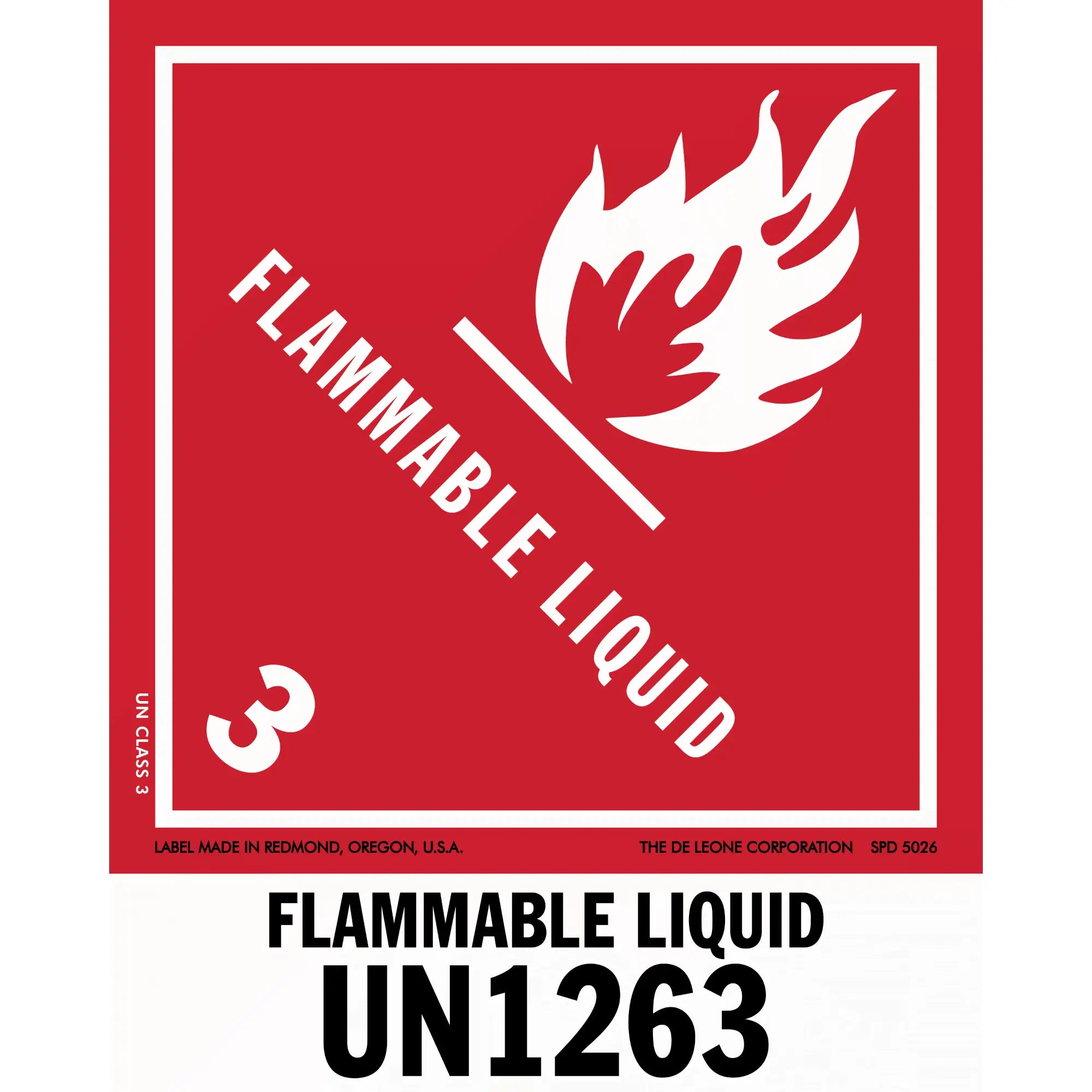 Red warning sign for flammable liquid UN1263 with white flame symbol.