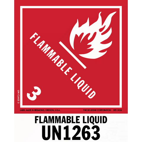 Red warning sign for flammable liquid UN1263 with white flame symbol.