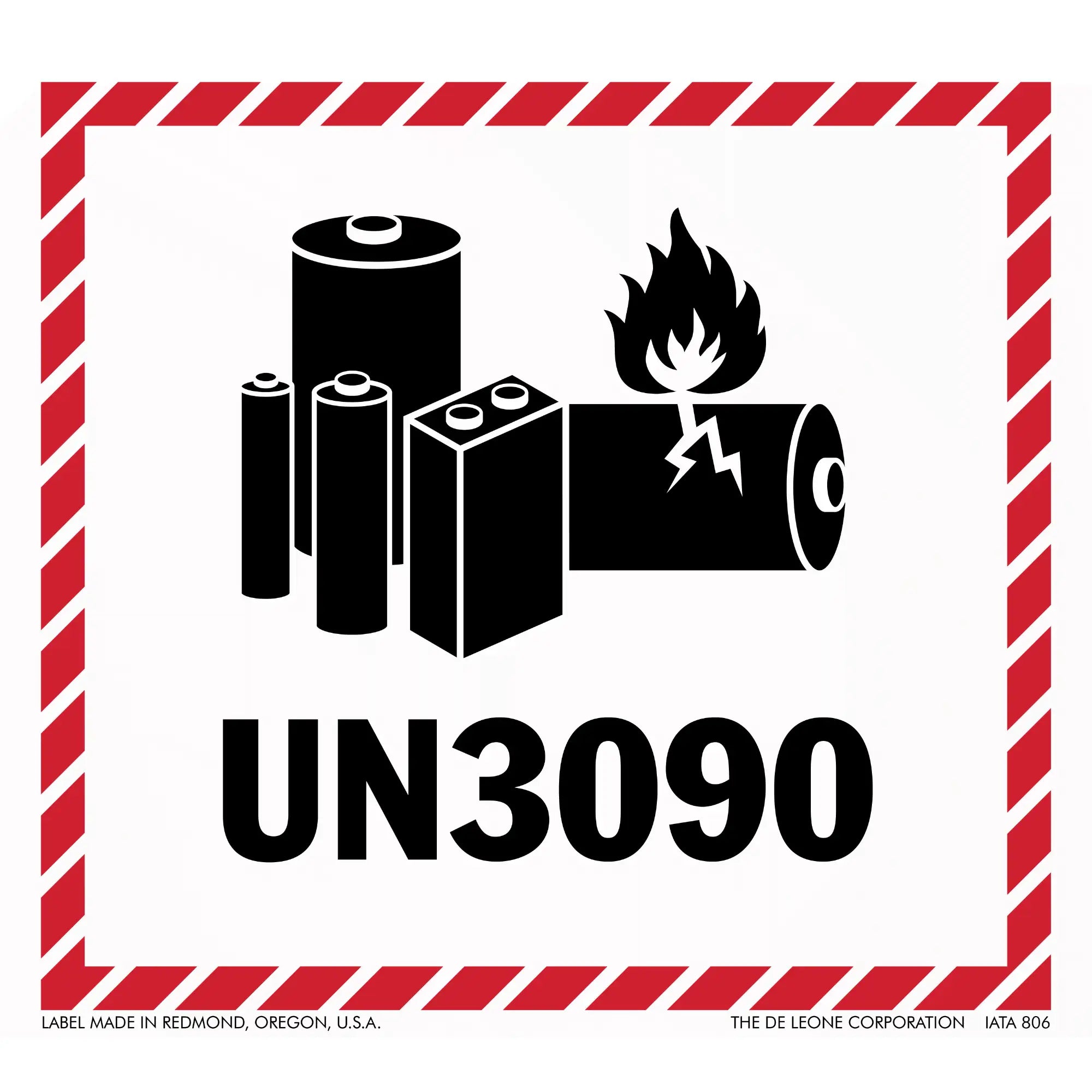 Warning label for lithium batteries with UN3090 hazard classification code and battery/flame symbols.