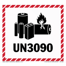 Warning label for lithium batteries with UN3090 hazard classification code and battery/flame symbols.