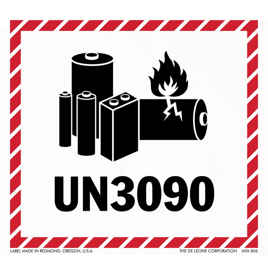 Warning label for lithium batteries with UN3090 hazard classification code and battery/flame symbols.