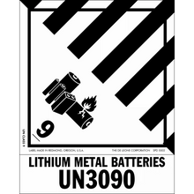 Black and white hazard warning label for lithium metal batteries with UN3090 classification.